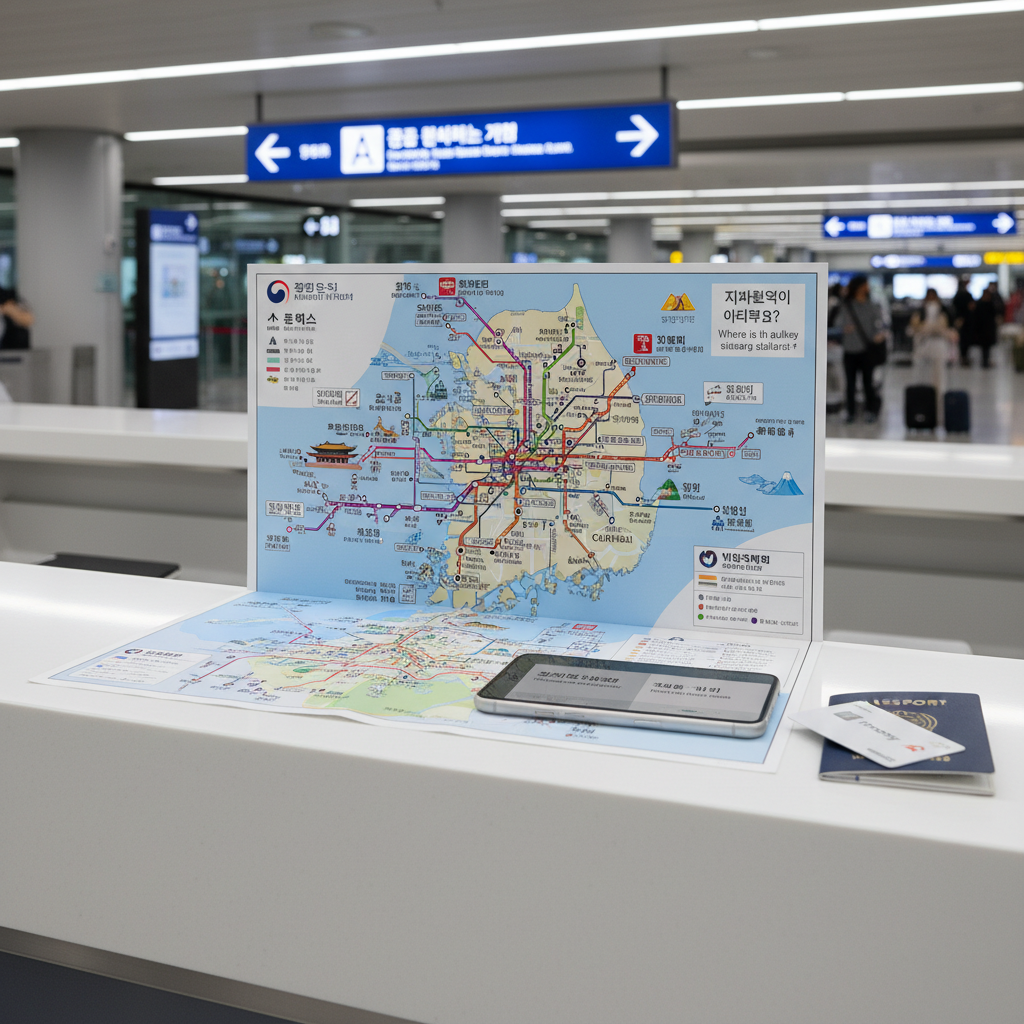 A clean white information desk counter in Incheon Airport with a large, clearly printed multilingual map of Korea spread out, showing major cities, subway lines, and tourist icons. Beside it, a modern smartphone displays a translation app with Korean and English text side by side, and a slim contactless card resting on a navy passport cover. Cool, bright overhead airport lighting creates crisp reflections on the glossy counter surface. The background is softly blurred, hinting at signage in Korean characters and directional arrows. Photographic realism, eye-level composition with a professional, organized atmosphere, emphasizing practical wayfinding for foreign visitors in Korea.