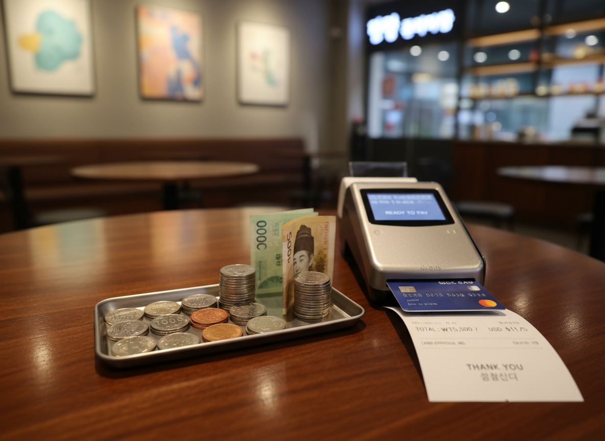 A close-up of a smooth, dark wooden cafe table in Seoul, holding a small metal tray with a neatly arranged set of Korean coins and colorful banknotes, a sleek silver contactless payment terminal, and a deep blue foreign credit card partially inserted. Next to them lies a folded bilingual receipt with Korean and English text clearly visible. Warm indoor lighting from above casts soft, inviting shadows and highlights the textures of paper and metal. The background falls into a gentle bokeh of modern cafe decor and muted signage. Photographic realism, shot at a slight angle with shallow depth of field, conveying clarity and reassurance about money and payment methods in Korea.
