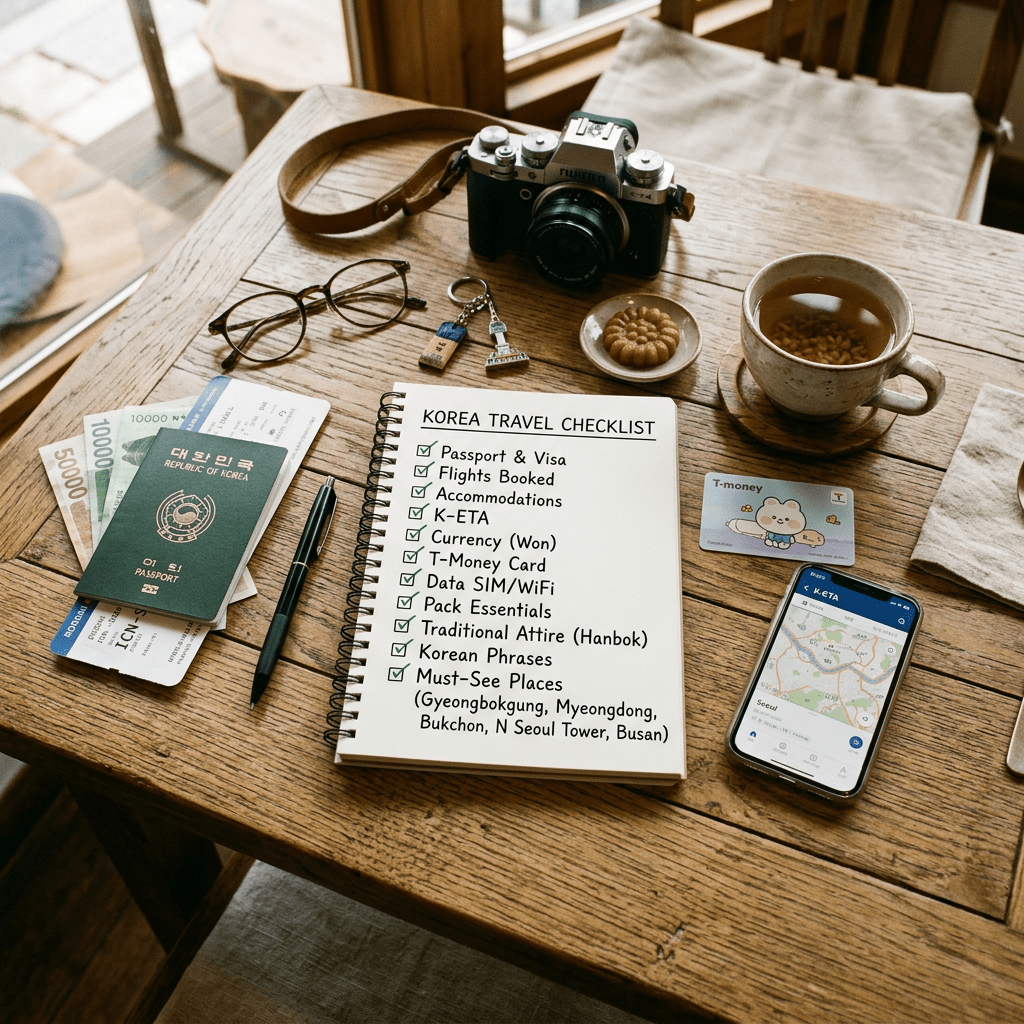 Korea travel checklist next to passport, currency, glasses, camera, tea, T-money card, and smartphone with map